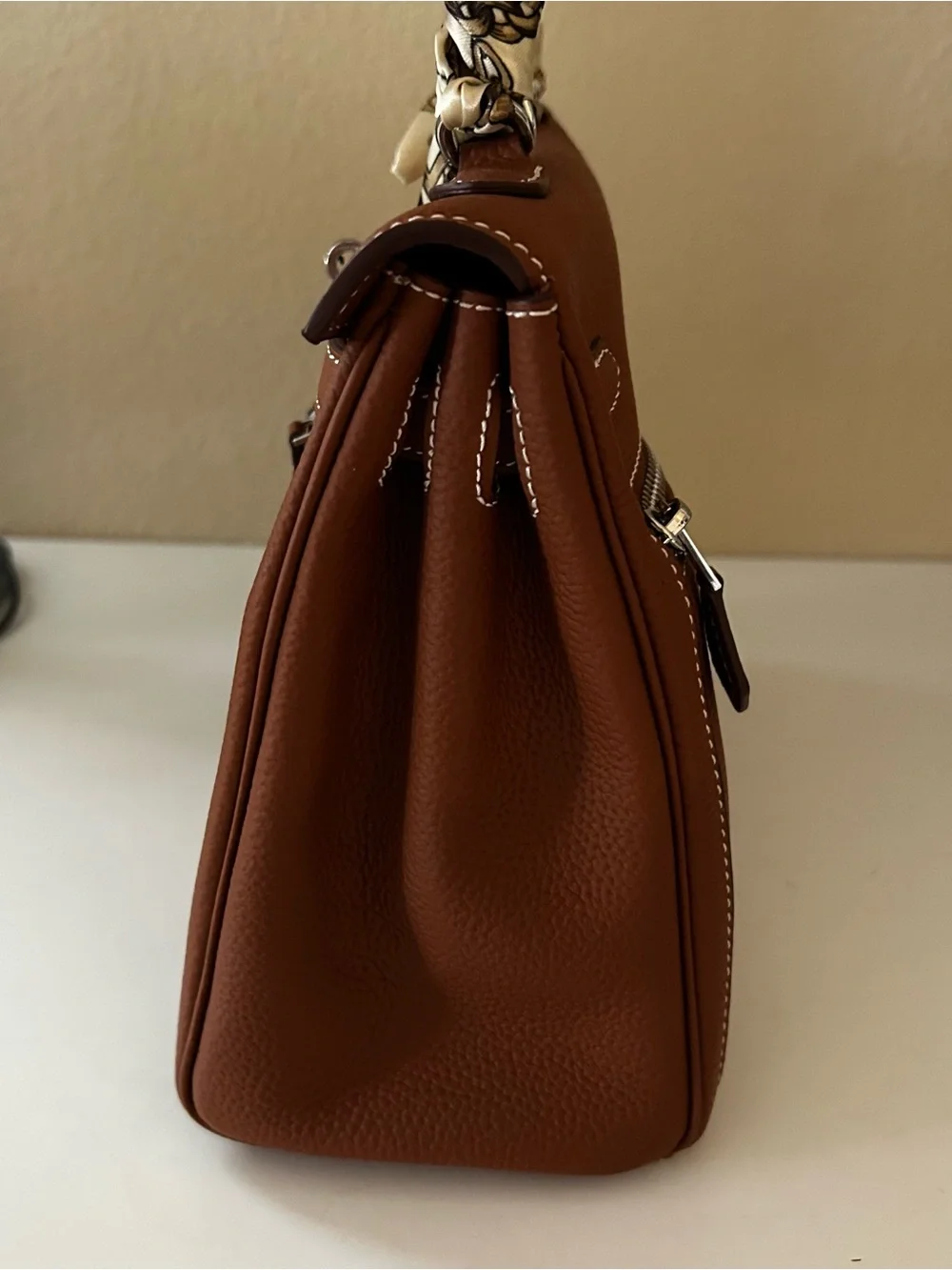 25cm Double Front Pocket Brown Leather Satchel with Scarf-Wrapped Handle